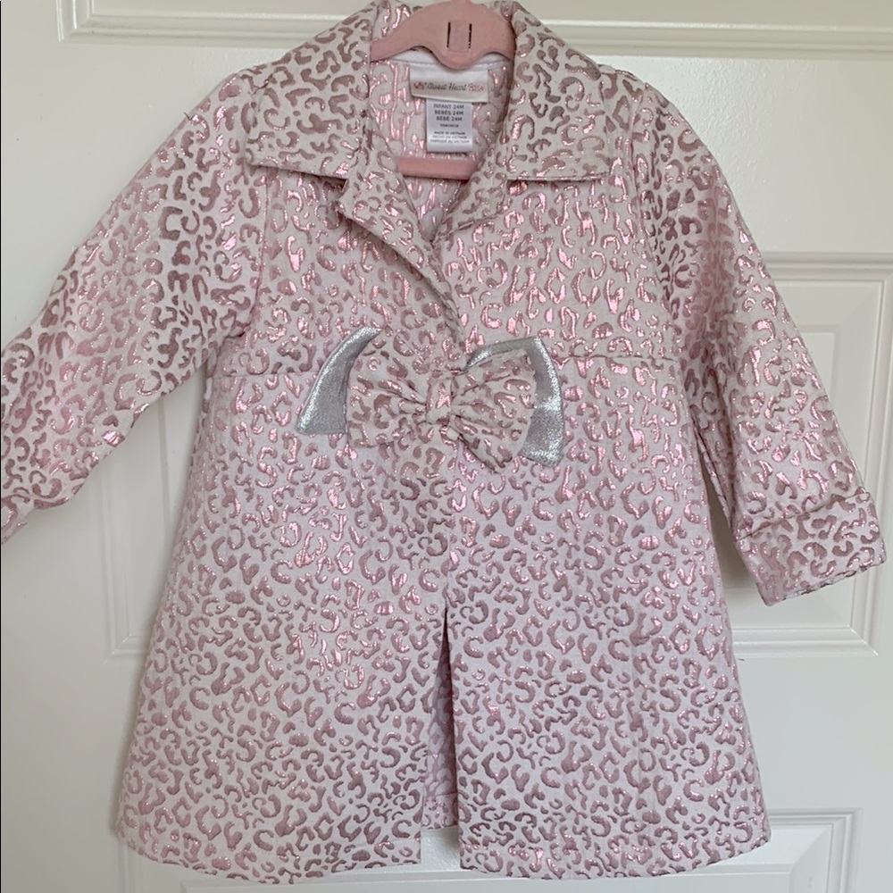Sweet Heart Rose Pink and Silver Pea Coat with Elegant Bow